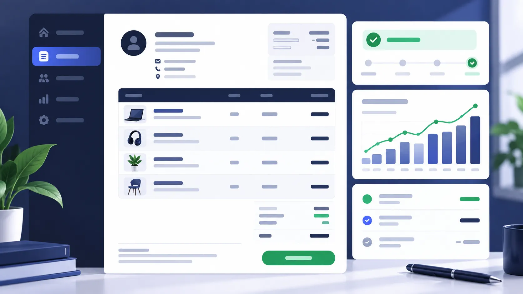 Illustrated quotation and invoice dashboard with line items, tax summary, and revenue chart