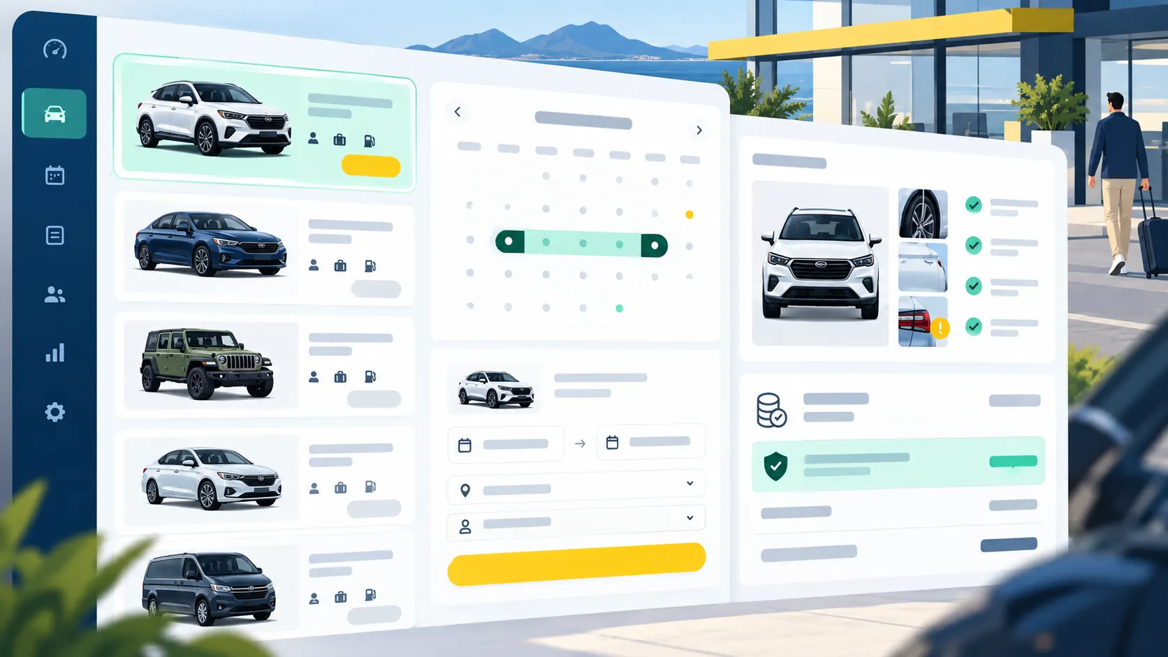 Illustrated vehicle rental dashboard with availability calendar, reservation dates, and return condition