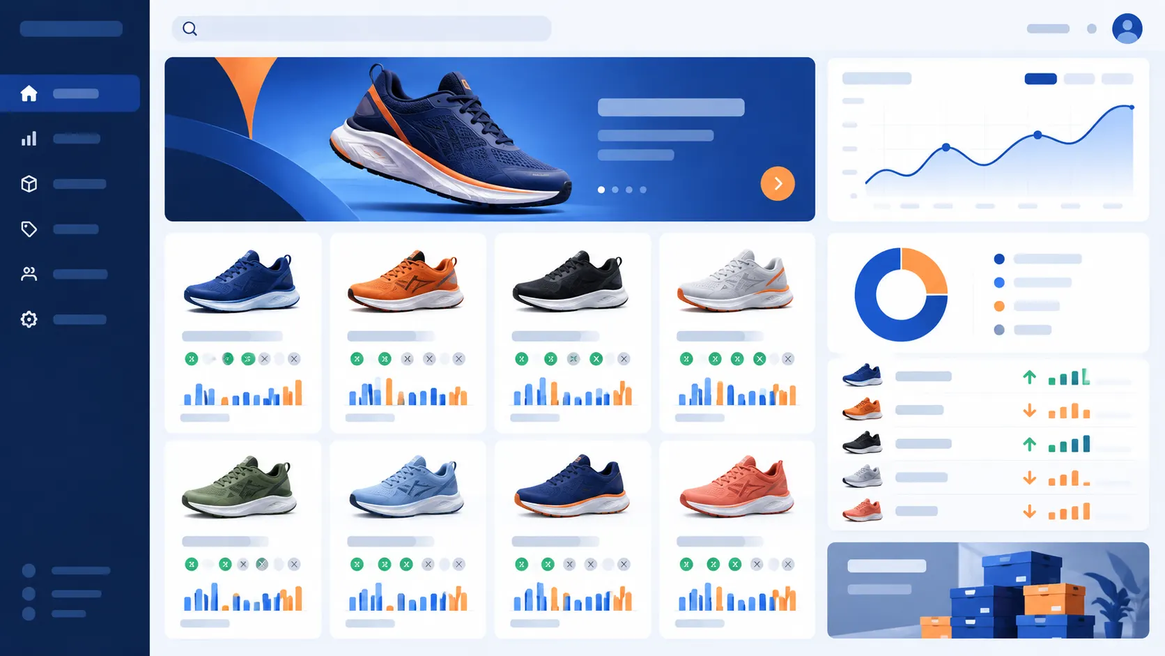 Illustrated inventory dashboard with running shoe variants and stock availability