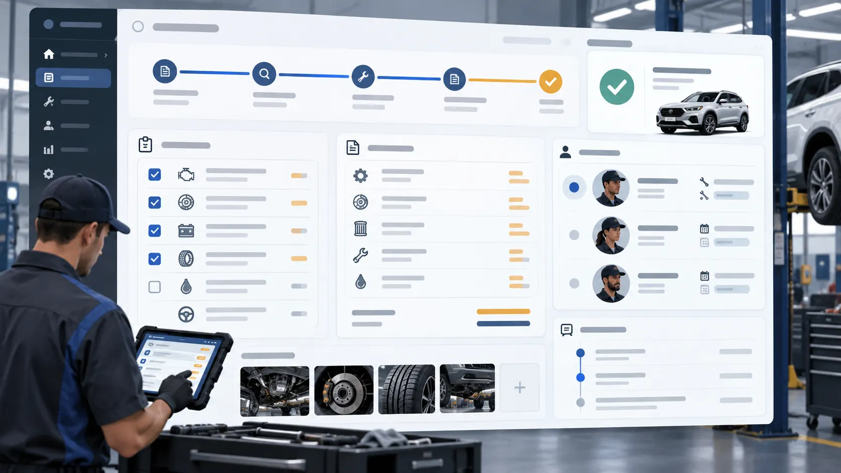 Illustrated repair work order timeline with inspection, quotation, technician, and completion panels