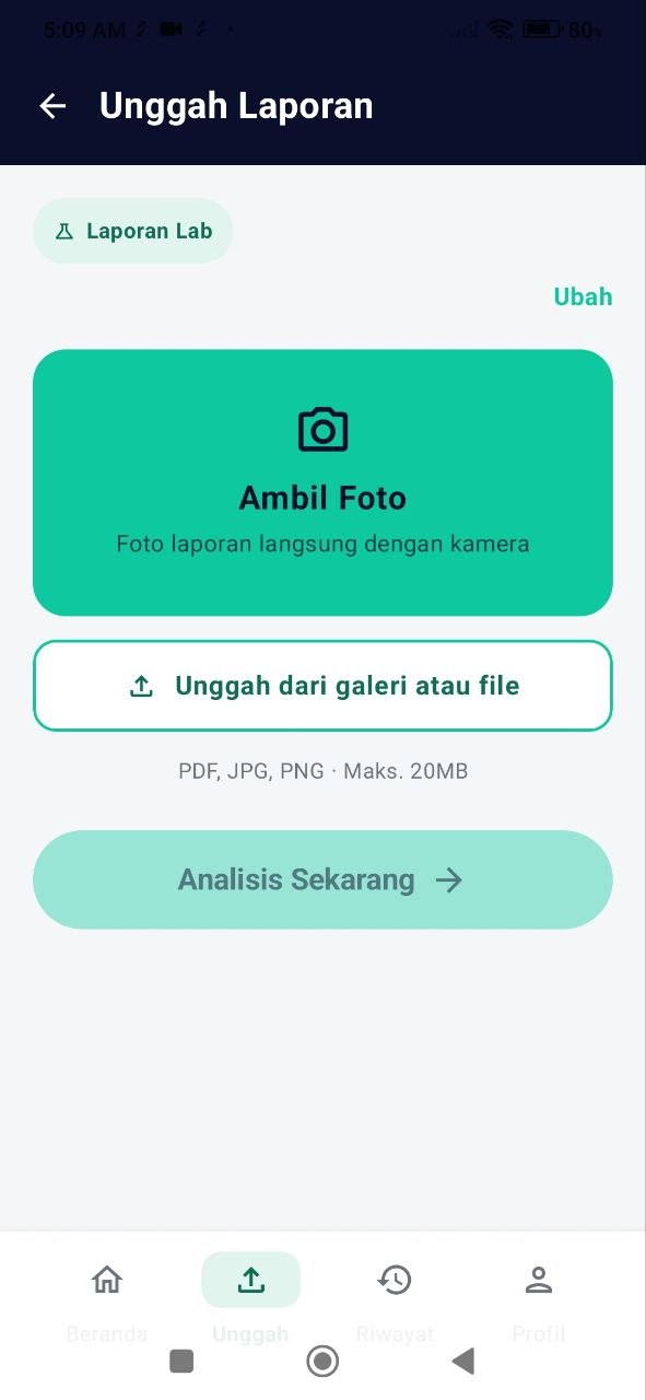 Alocare upload screen showing camera and gallery options for a laboratory report