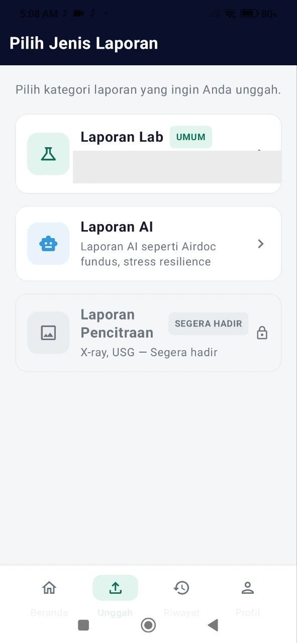 Alocare report selection screen showing laboratory, AI, and imaging report categories
