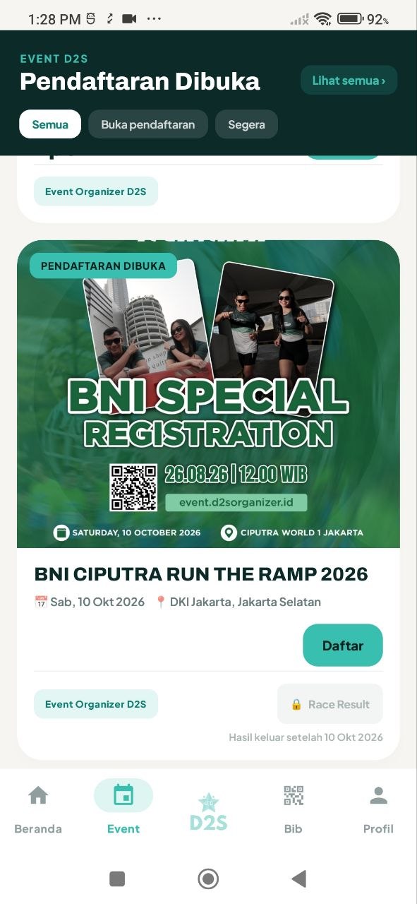 Event list screen showing BNI Ciputra Run The Ramp 2026 with registration status and Daftar button