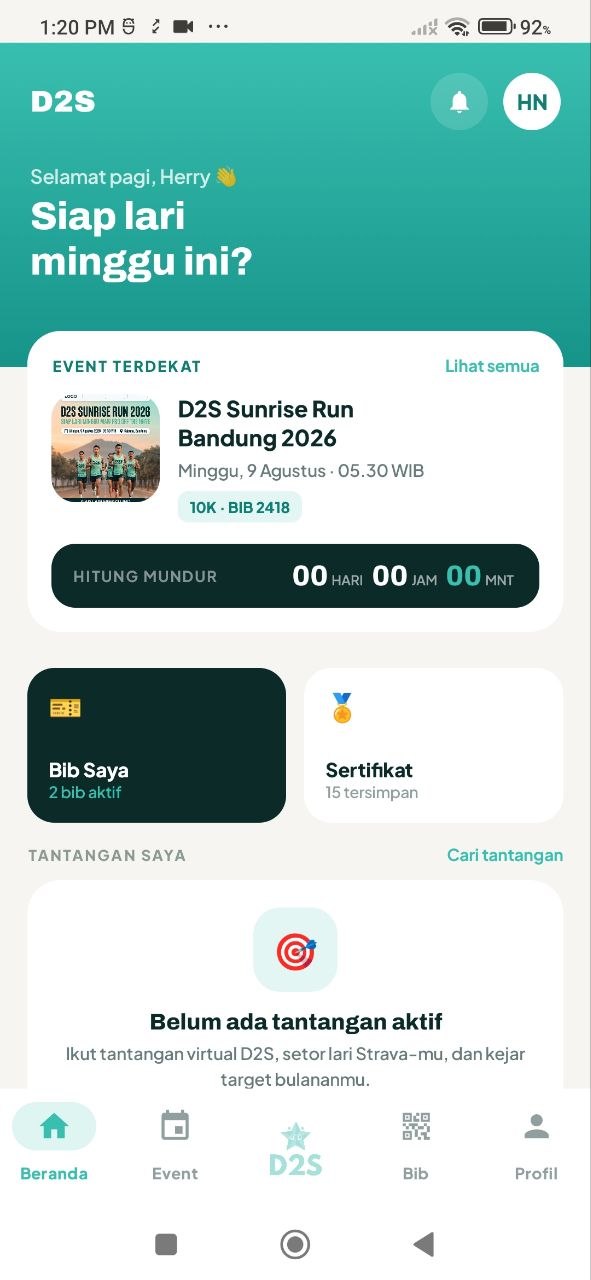 D2S home dashboard showing nearest event D2S Sunrise Run Bandung 2026, countdown timer, active bibs and finisher certificates