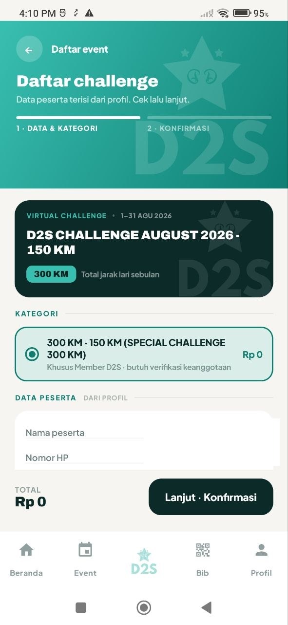 Registration form for D2S Challenge August 2026 showing category selection and participant details