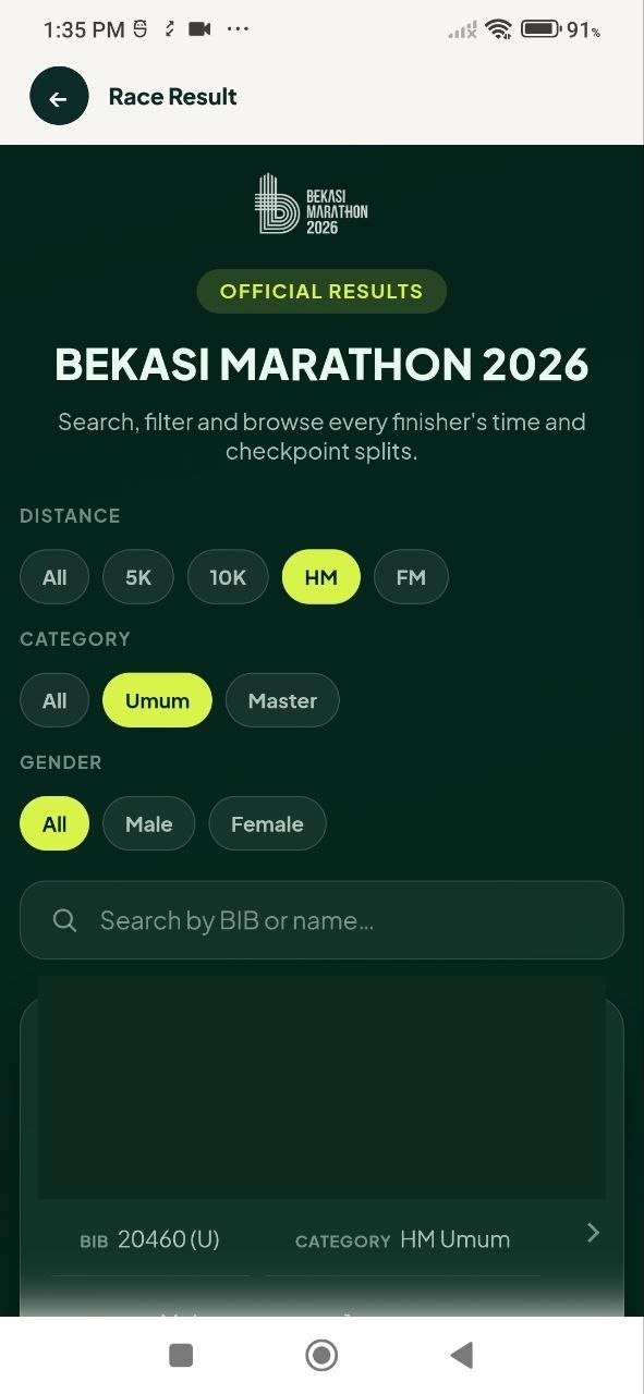 Bekasi Marathon 2026 official results screen with distance, category and gender filters and finisher list