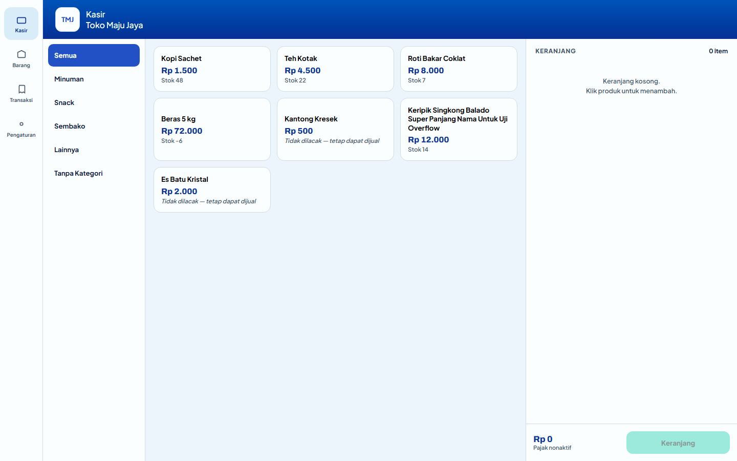 Lakuyo desktop interface showing product categories, POS catalogue, and live cart