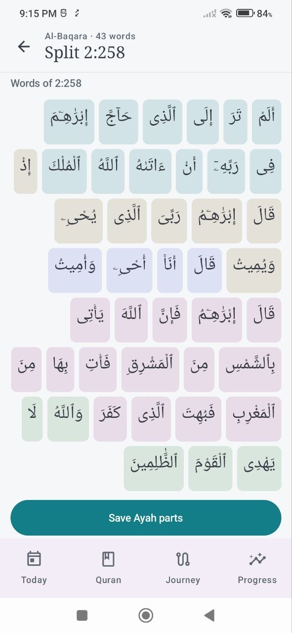 Split dialog for dividing an ayah into Learning Part A and Part B by word count