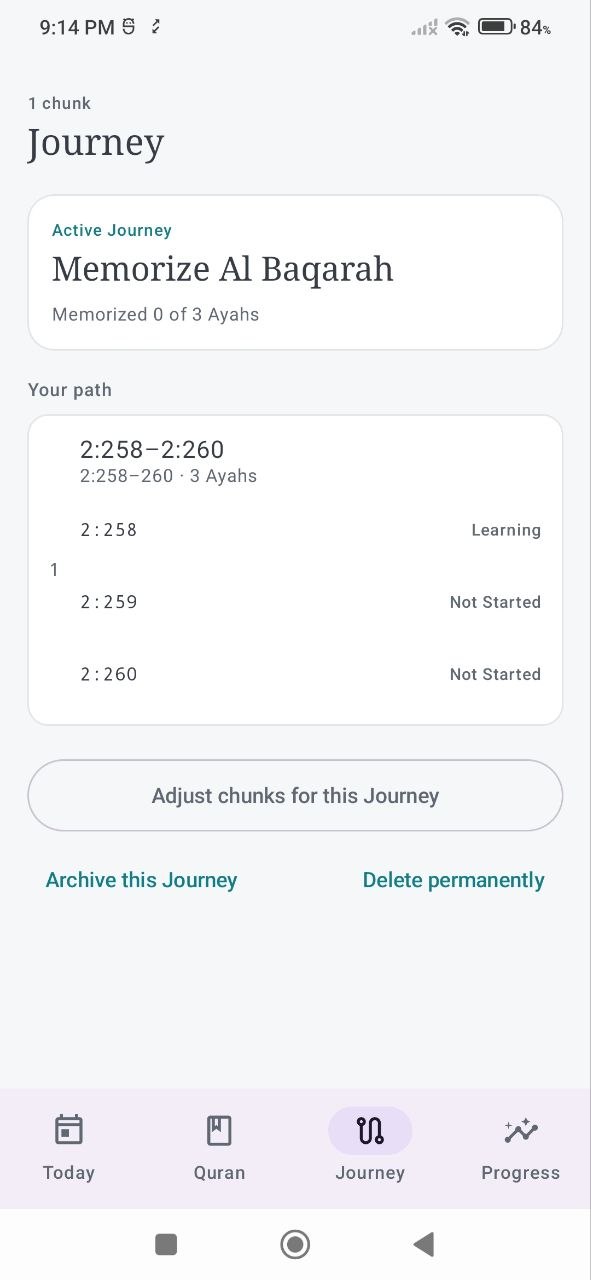 Journey screen listing memorization chunks with Learning and Reinforcing progress