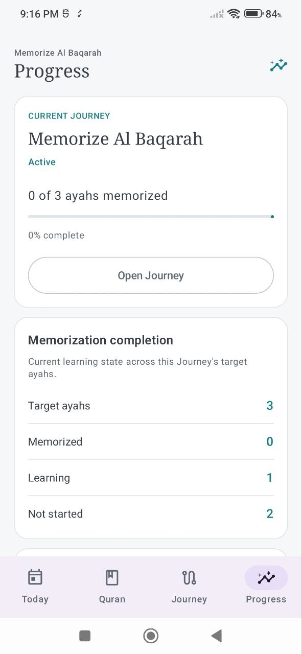 Progress screen showing memorization statistics for ayahs and learning parts
