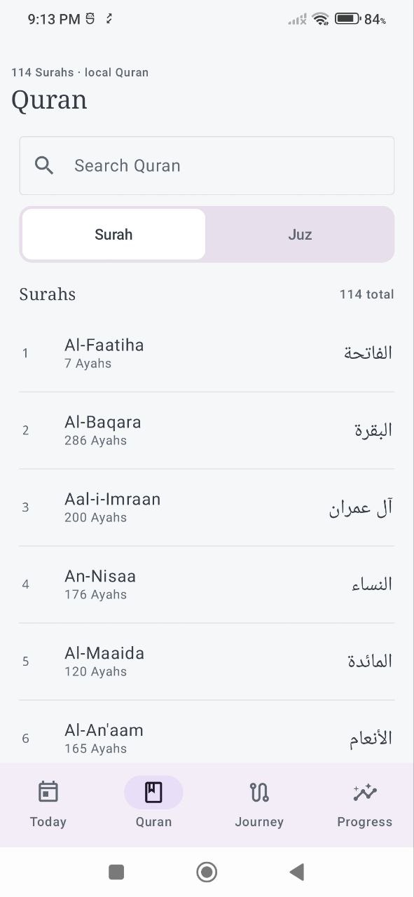 Quran browser listing surahs available for memorization with search and sort controls