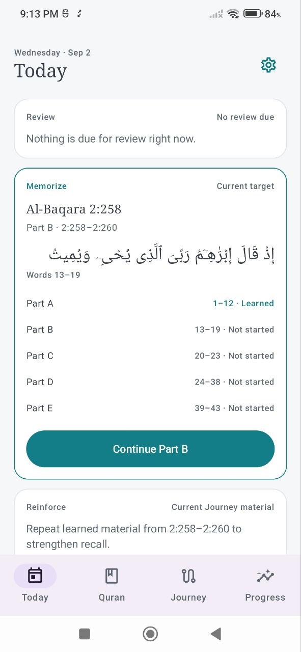 Today screen showing the current Quran memorization and review plan with Learn and Reinforce sections